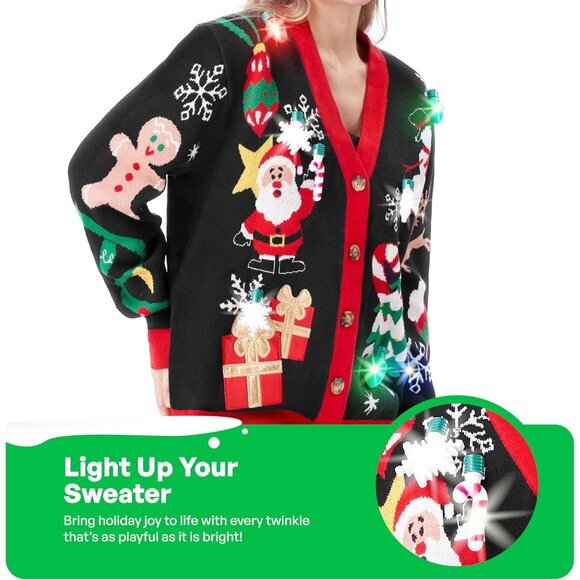 Women's Christmas Ugly Sweater Cardigan, Light Up Ugly Christmas Sweater - Picture 3 of 6